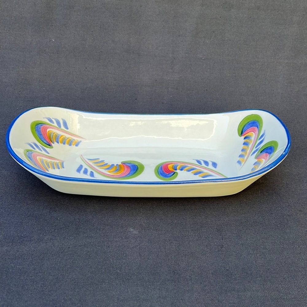 VTG Los Angeles Potteries Buns Breads Serving Dish Hand Painted Feathers USA